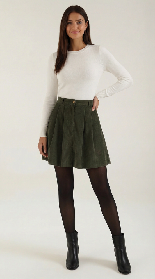 Vivi | Women's Pleated Corduroy Mini Skirt, Summer - Dark Green