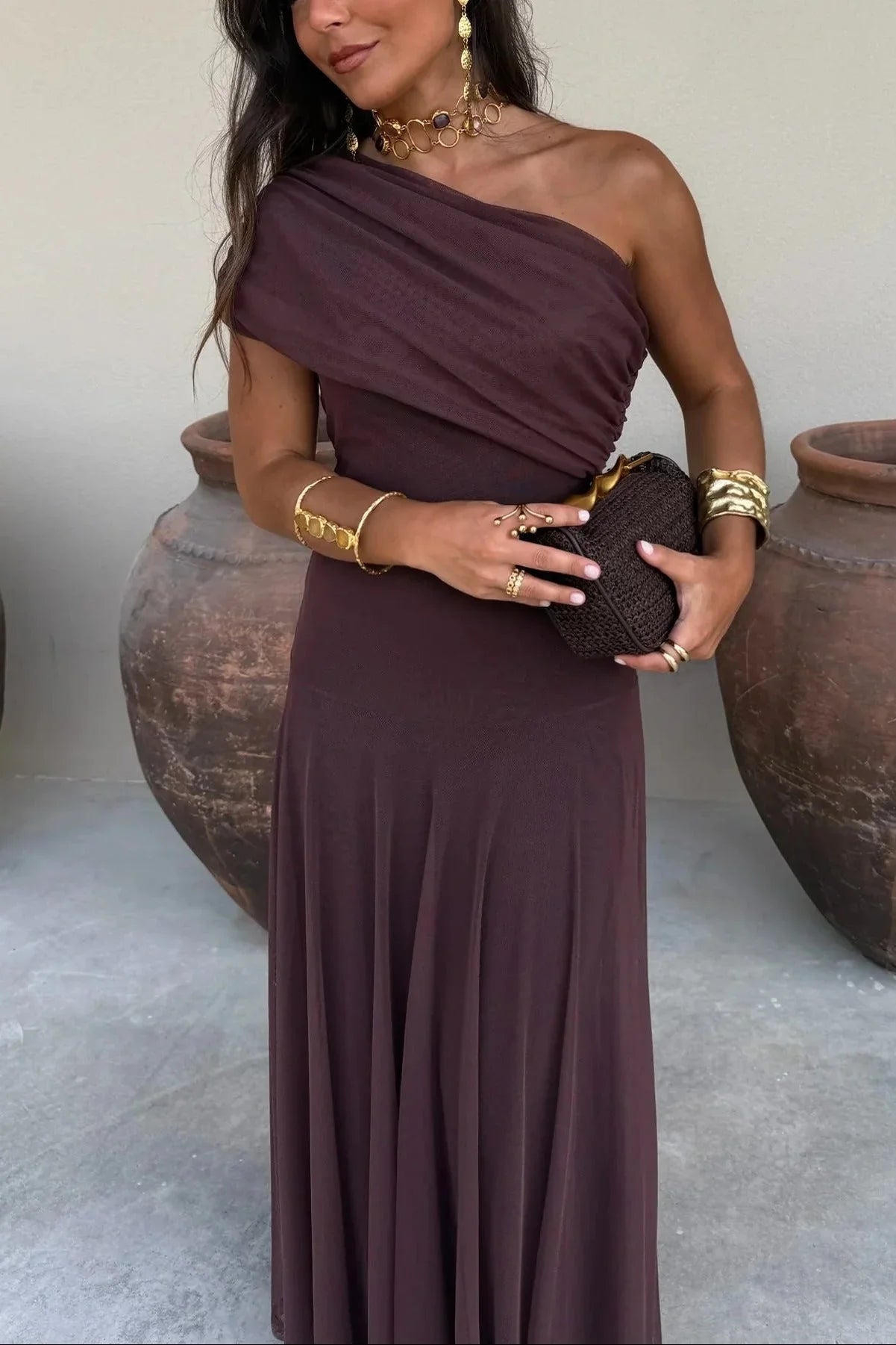 Women's Pleated One Shoulder Maxi Dress with Asymmetric Hem