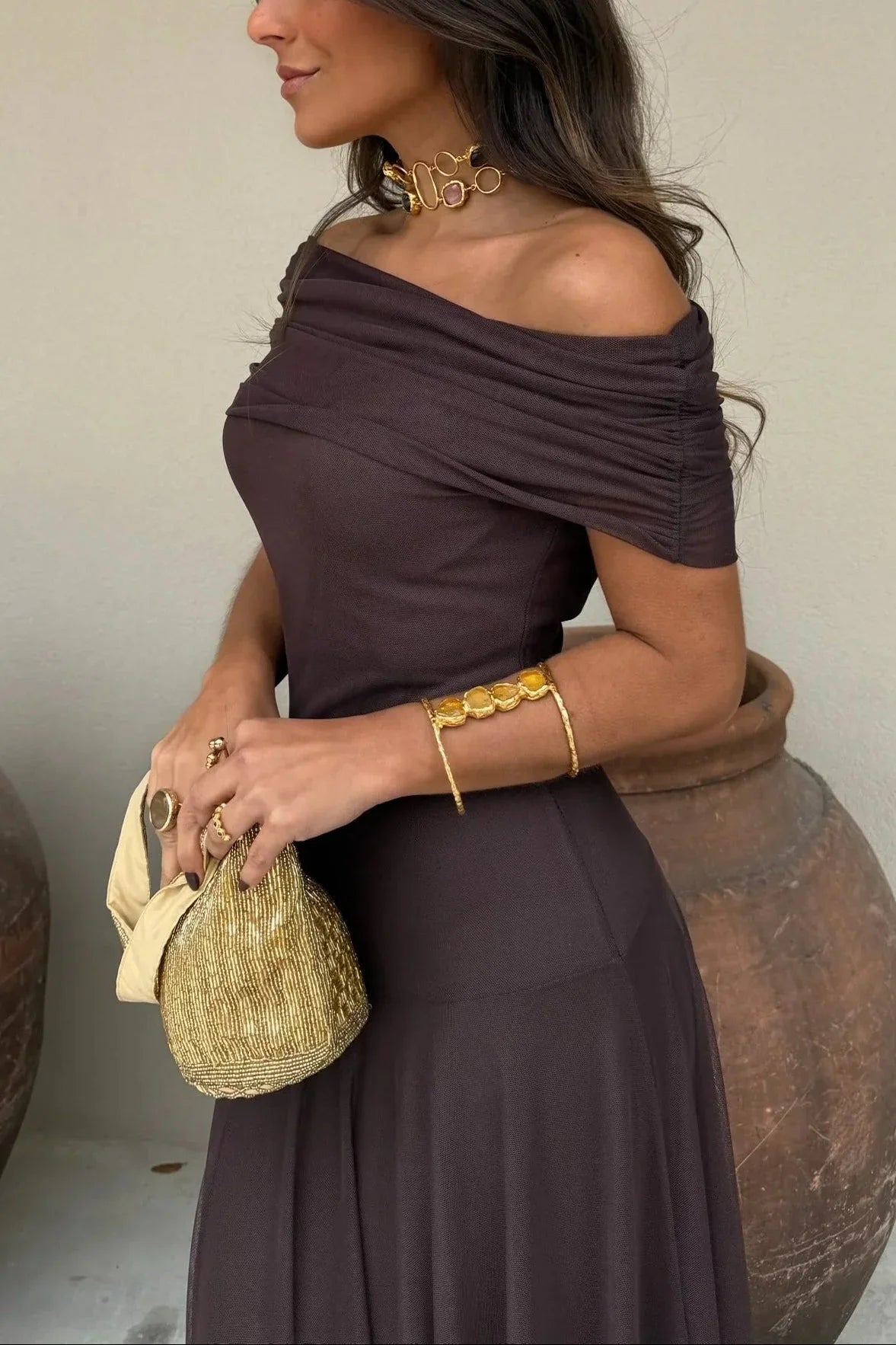 Women's Pleated One Shoulder Maxi Dress with Asymmetric Hem