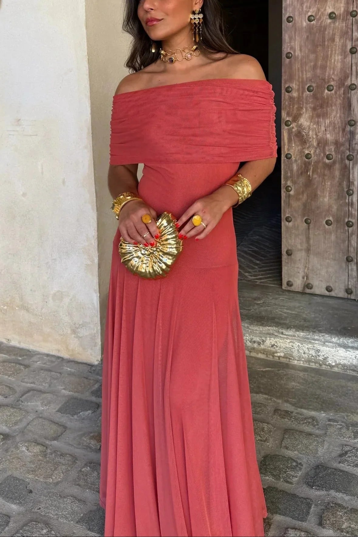 Women's Pleated One Shoulder Maxi Dress with Asymmetric Hem
