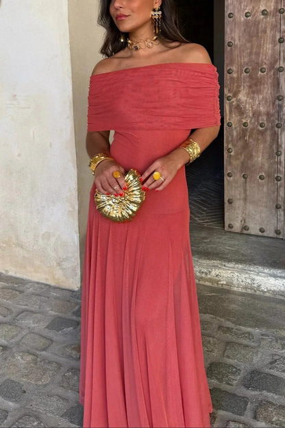 Women's Pleated One Shoulder Maxi Dress with Asymmetric Hem