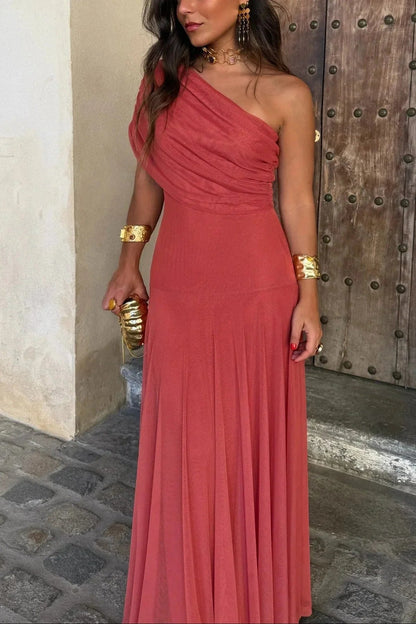 Women's Pleated One Shoulder Maxi Dress with Asymmetric Hem