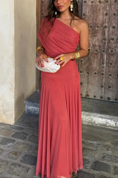 Women's Pleated One Shoulder Maxi Dress with Asymmetric Hem