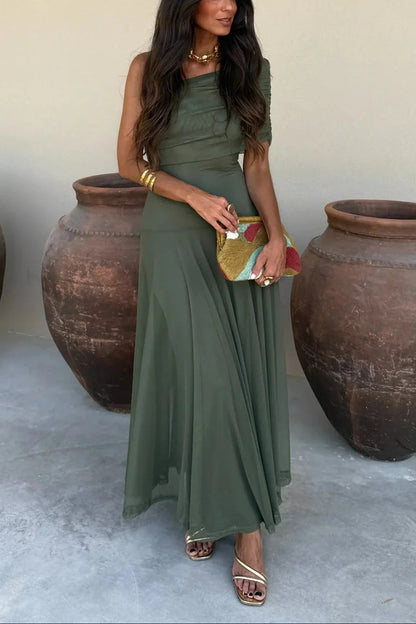 Women's Pleated One Shoulder Maxi Dress with Asymmetric Hem