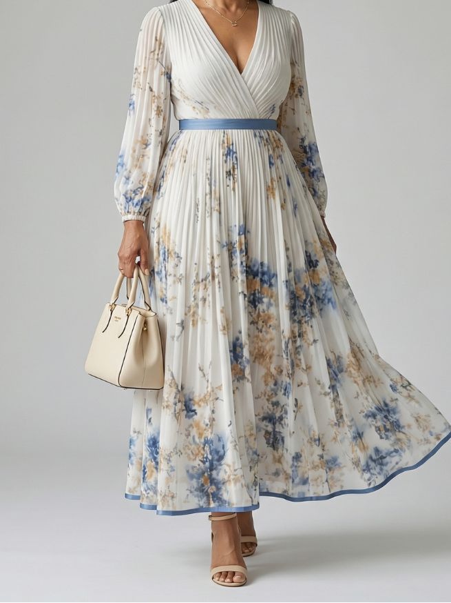 Women's Pleated Wrap Midi Dress with Long Sleeves and Floral Pattern