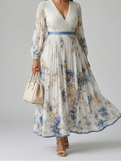 Women's Pleated Wrap Midi Dress with Long Sleeves and Floral Pattern