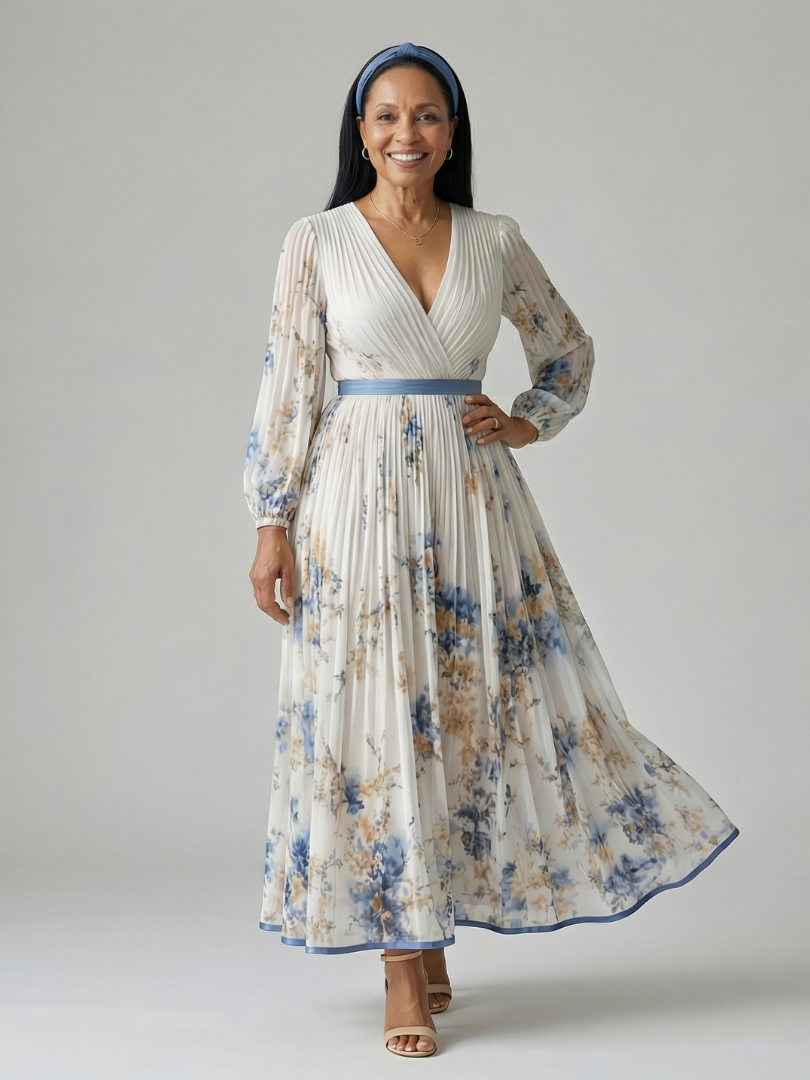 Women's Pleated Wrap Midi Dress with Long Sleeves and Floral Pattern