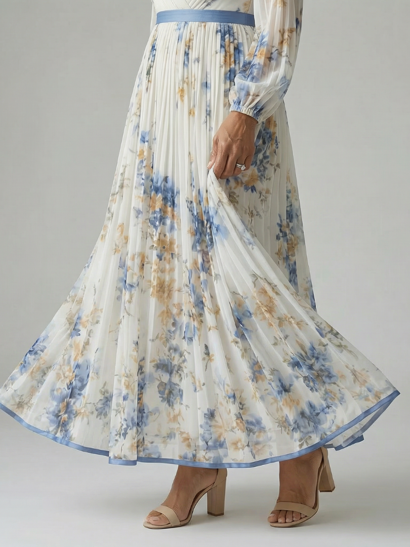 Women's Pleated Wrap Midi Dress with Long Sleeves and Floral Pattern