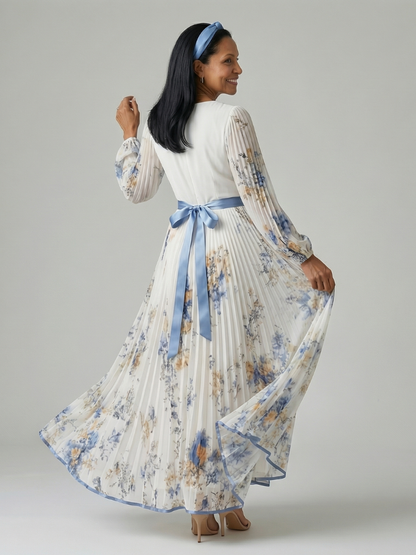Women's Pleated Wrap Midi Dress with Long Sleeves and Floral Pattern