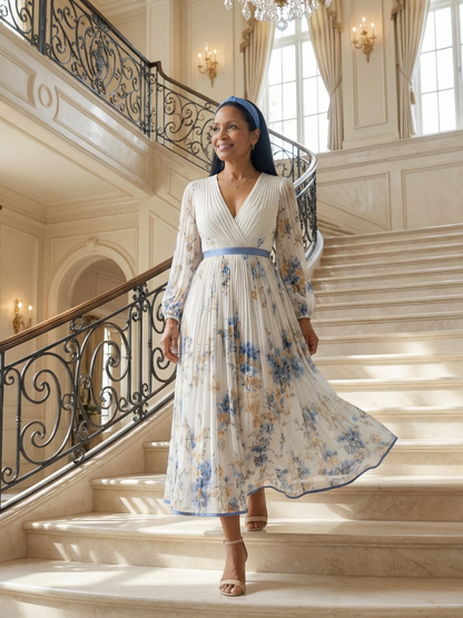 Women's Pleated Wrap Midi Dress with Long Sleeves and Floral Pattern