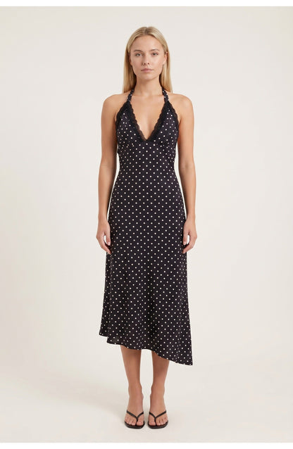 Women's Halter Neck Polka Dot Midi Dress with Open Back and Lace Hem Trim