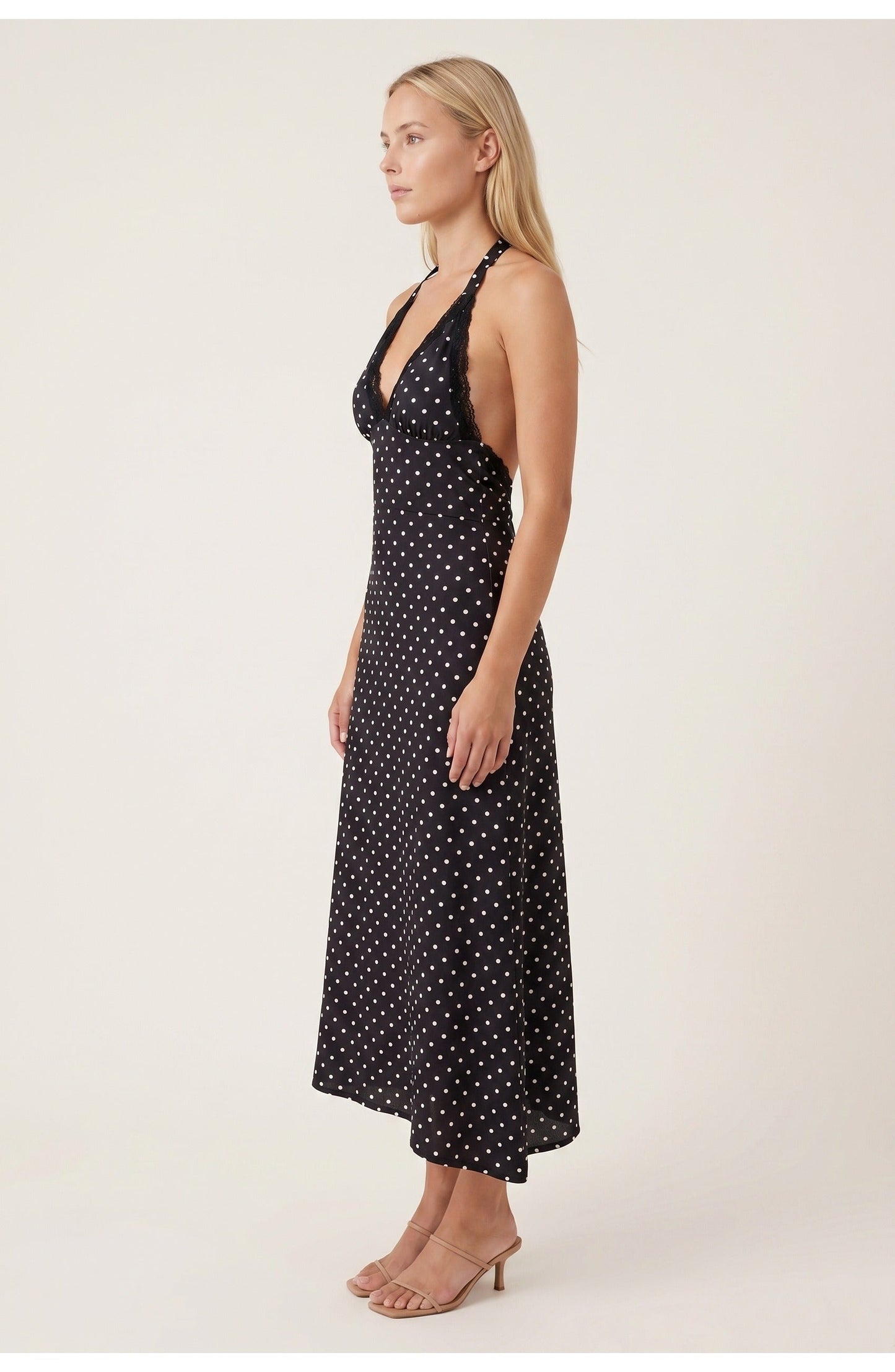 Women's Halter Neck Polka Dot Midi Dress with Open Back and Lace Hem Trim