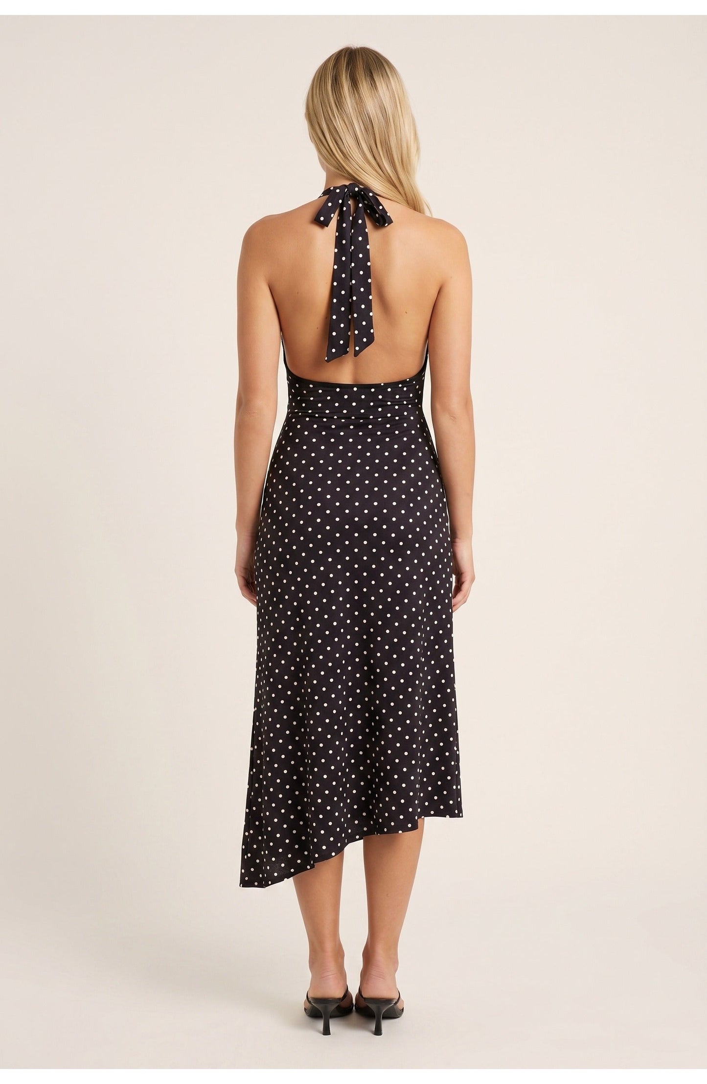Women's Halter Neck Polka Dot Midi Dress with Open Back and Lace Hem Trim