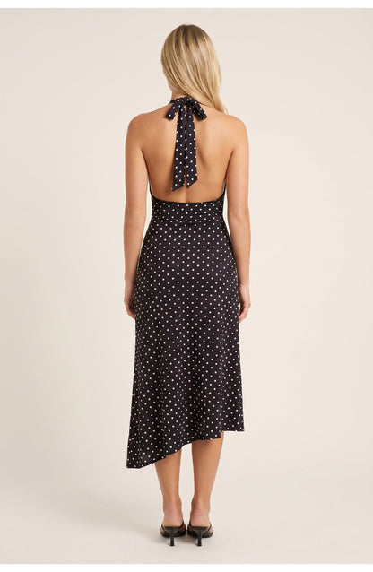 Women's Halter Neck Polka Dot Midi Dress with Open Back and Lace Hem Trim