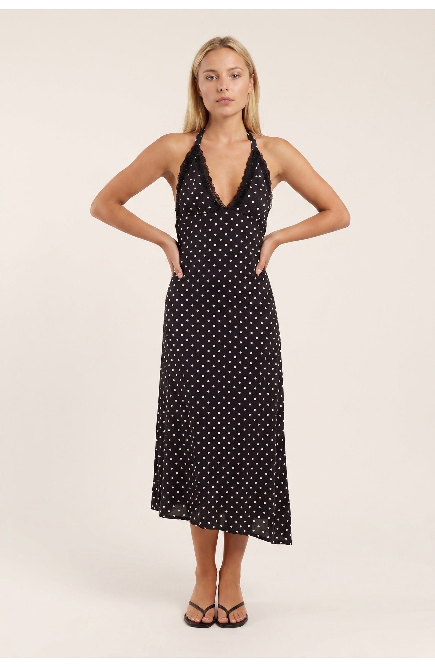 Women's Halter Neck Polka Dot Midi Dress with Open Back and Lace Hem Trim