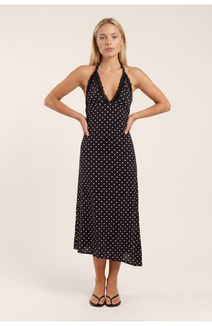 Women's Halter Neck Polka Dot Midi Dress with Open Back and Lace Hem Trim
