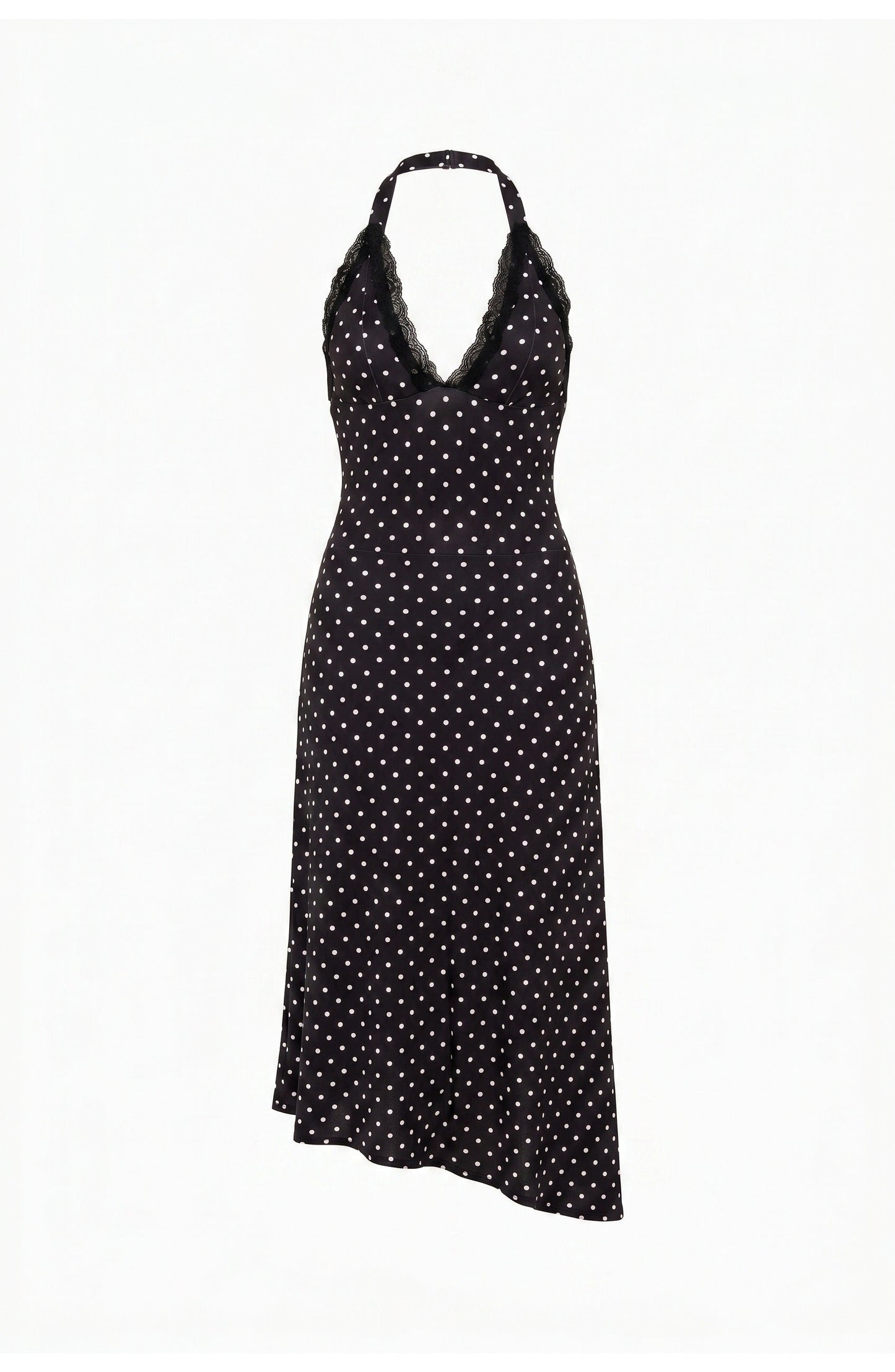 Women's Halter Neck Polka Dot Midi Dress with Open Back and Lace Hem Trim