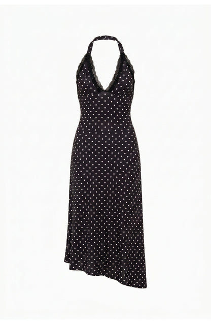 Women's Halter Neck Polka Dot Midi Dress with Open Back and Lace Hem Trim