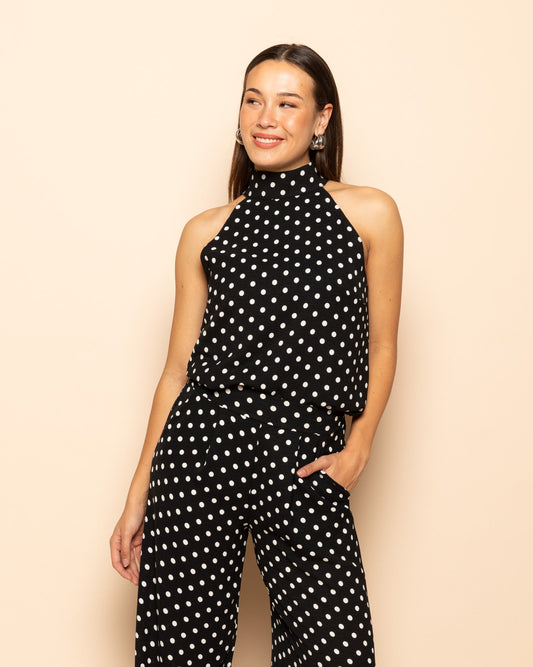 Vera | Women's Polka Dot Halter Top with Tie Neck and Backless Construction, Summer - Black