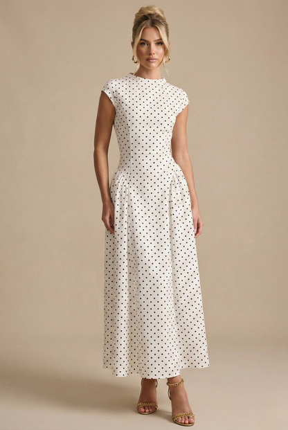 Women's Polka Dot High Neck Cap Sleeve Maxi Dress with A-Line Pleated Skirt