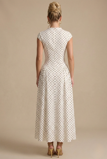 Women's Polka Dot High Neck Cap Sleeve Maxi Dress with A-Line Pleated Skirt