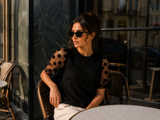 Olivia | Women's Polka Dot Lace Butterfly Sleeve Top with Lace Trim Detail, Summer - Black