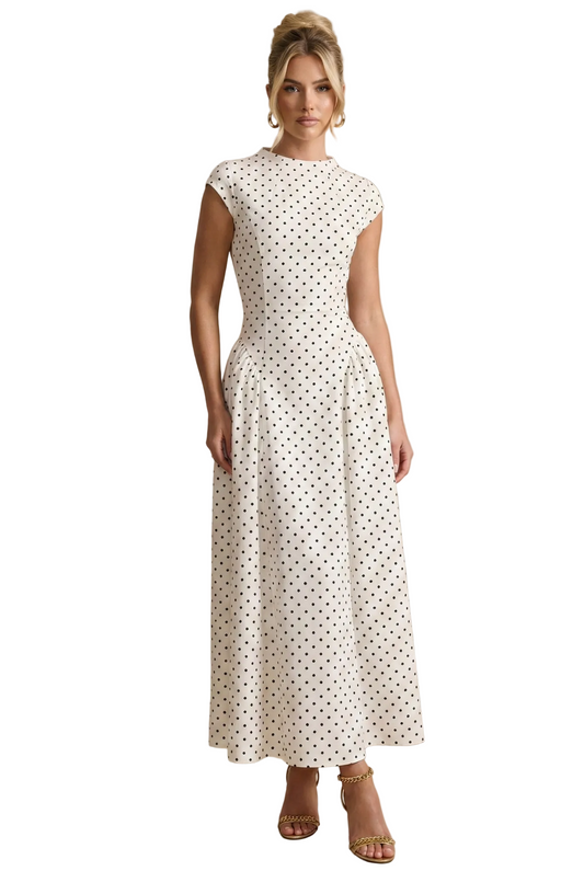 Women's Polka Dot Maxi Dress with High Neck Cap Sleeve and Full A-Line Skirt