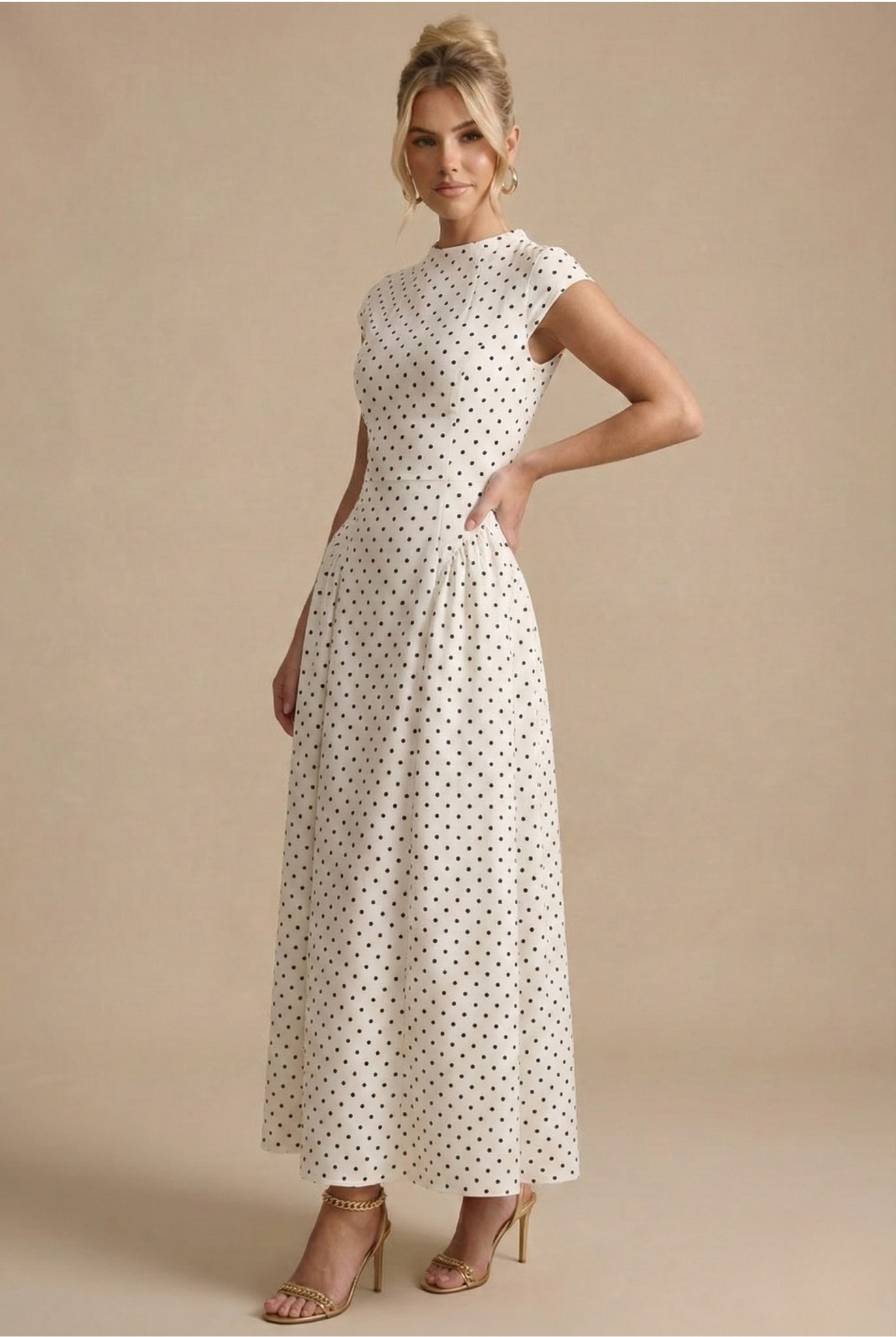 Women's Polka Dot Maxi Dress with High Neck Cap Sleeve and Full A-Line Skirt