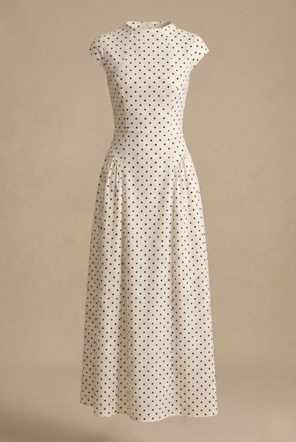Women's Polka Dot Maxi Dress with High Neck Cap Sleeve and Full A-Line Skirt
