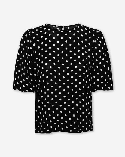 Women's Polka Dot Puff Sleeve Top with Button Neck Closure and Relaxed Fit