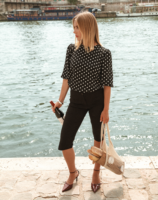 Hailey | Women's Polka Dot Puff Sleeve Top with Button Neck Closure and Relaxed Fit, Summer - Black
