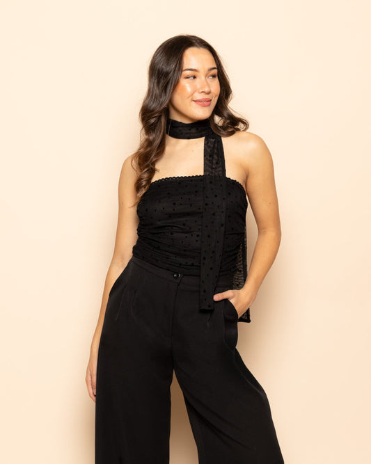 Femke | Women's Strapless Polka Dot Scarf Top with Bandeau Construction and Scarf Tie Detail, Summer - Black