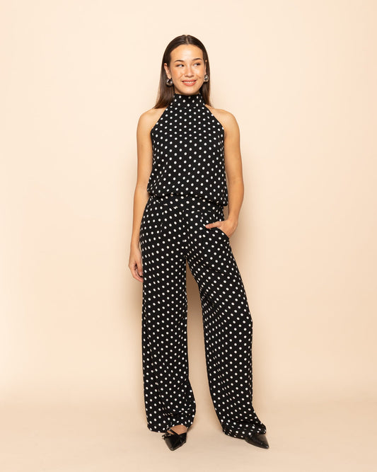 Lauren | Women's Polka Dot Wide Leg Trousers with Elastic Waistband and Flowing Fit - Black