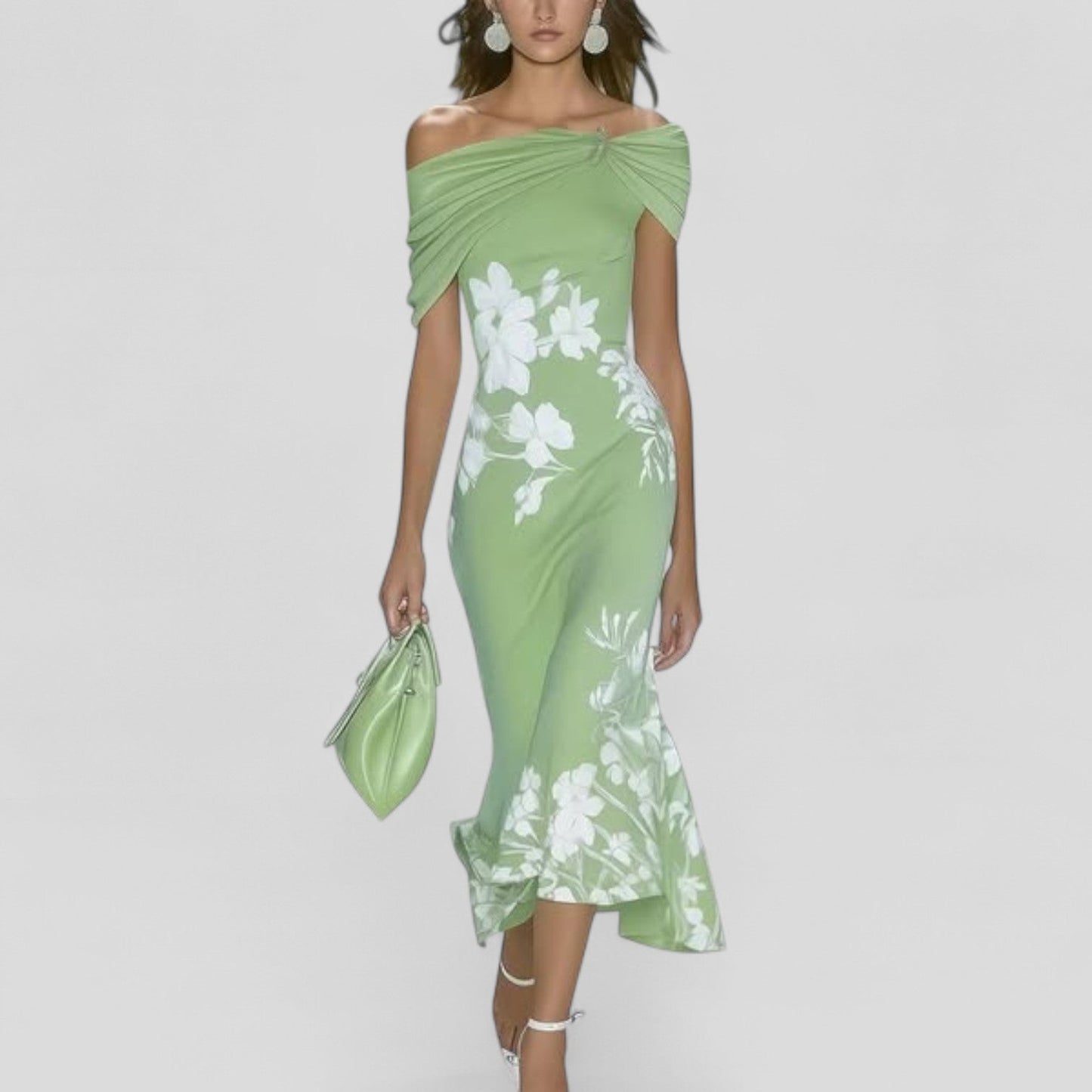 Women's Print Midi Dress with Round Neck and Short Sleeves