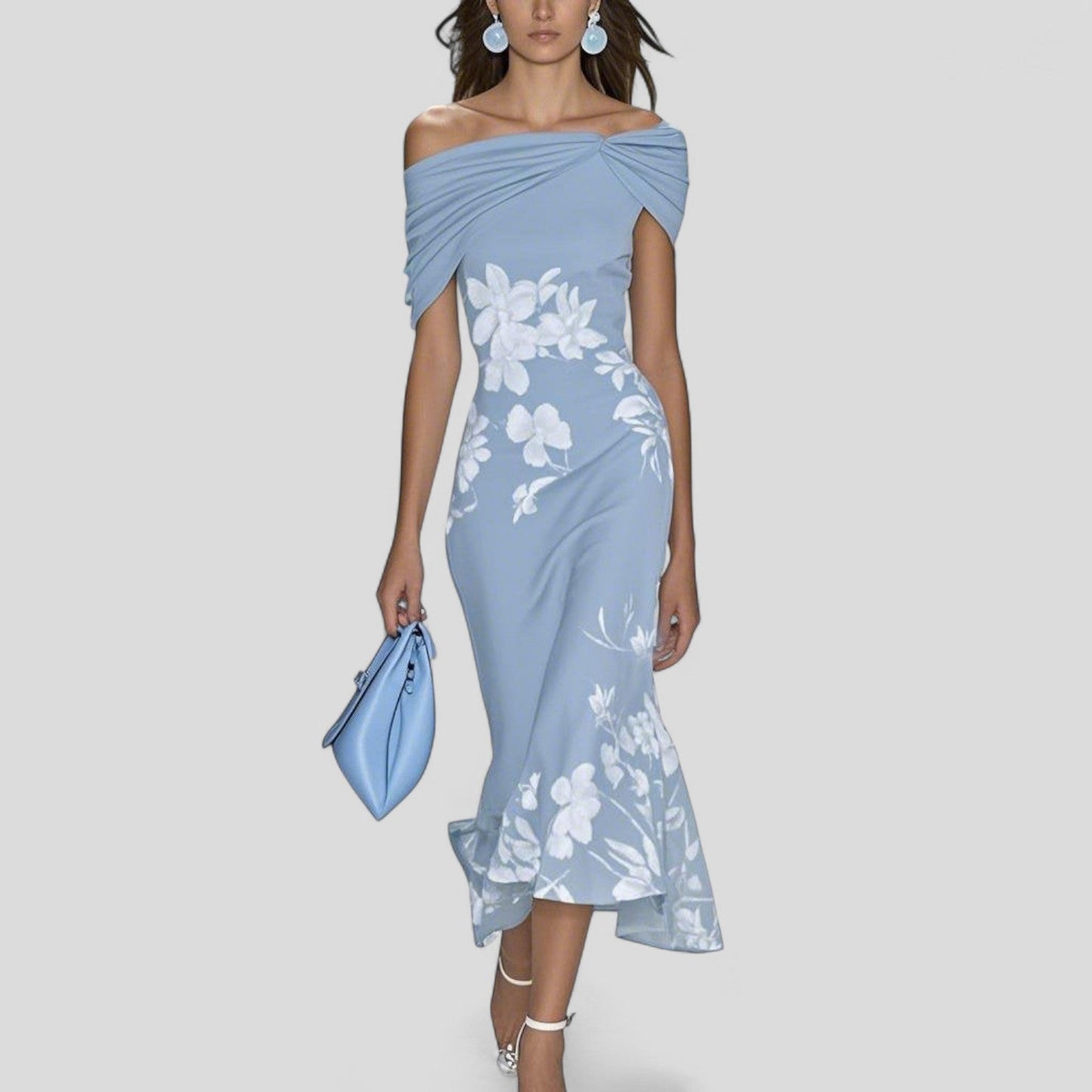 Women's Print Midi Dress with Round Neck and Short Sleeves