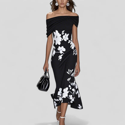 Women's Print Midi Dress with Round Neck and Short Sleeves