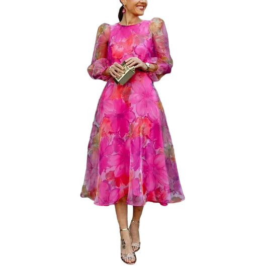 Women's Puff Sleeve Midi Dress with Fitted Waist and Flowing Skirt