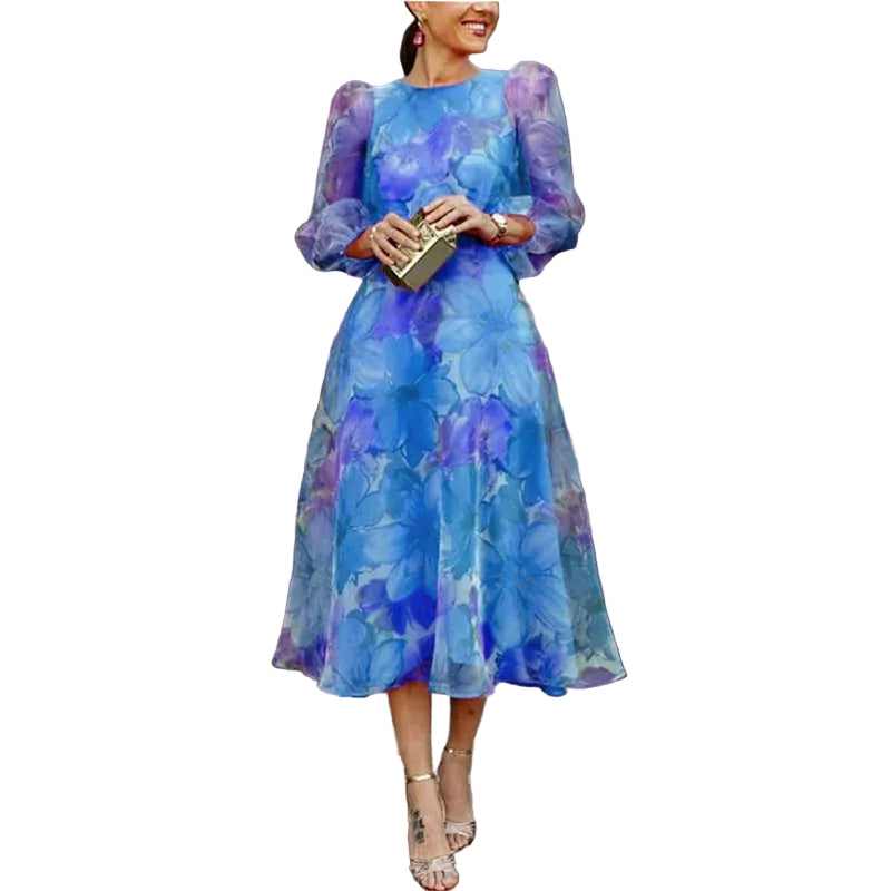 Women's Puff Sleeve Midi Dress with Fitted Waist and Flowing Skirt