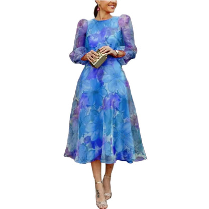 Women's Puff Sleeve Midi Dress with Fitted Waist and Flowing Skirt