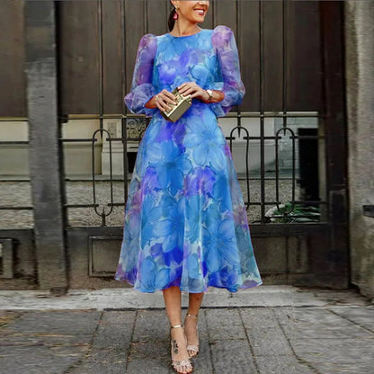 Women's Puff Sleeve Midi Dress with Fitted Waist and Flowing Skirt