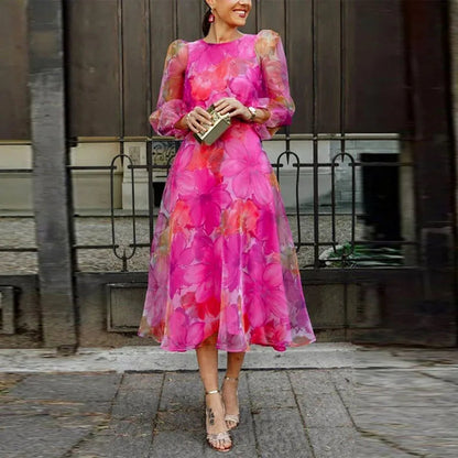 Women's Puff Sleeve Midi Dress with Fitted Waist and Flowing Skirt