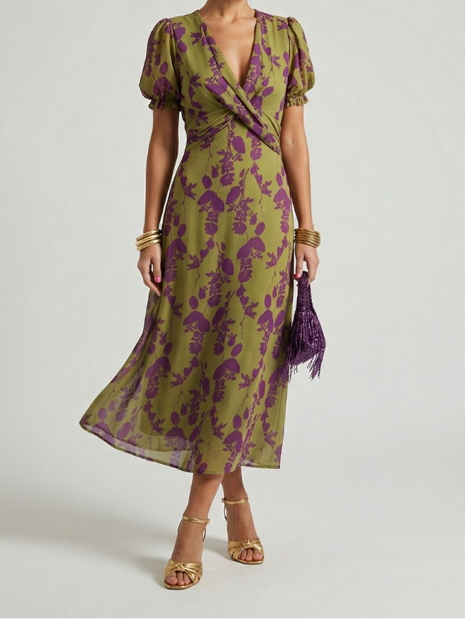 Women's Relaxed Floral Midi Dress with Wrap Bodice and Short Sleeves