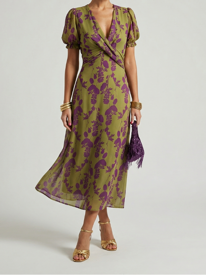 Women's Relaxed Floral Midi Dress with Wrap Bodice and Short Sleeves