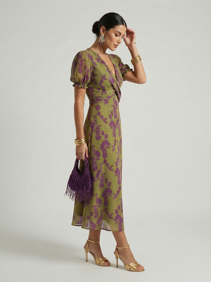 Women's Relaxed Floral Midi Dress with Wrap Bodice and Short Sleeves