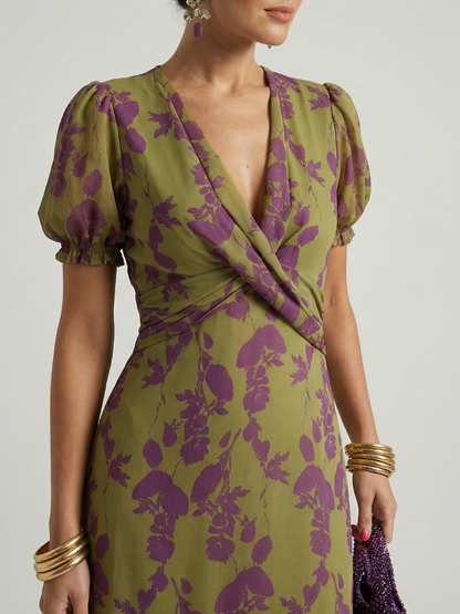 Women's Relaxed Floral Midi Dress with Wrap Bodice and Short Sleeves