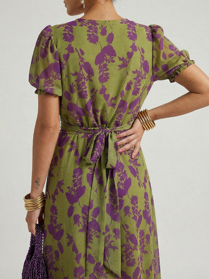 Women's Relaxed Floral Midi Dress with Wrap Bodice and Short Sleeves