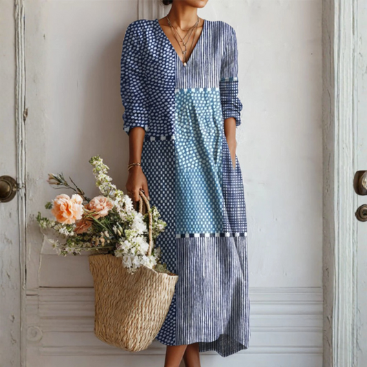 Women's Retro Linen Midi Dress with Abstract Print
