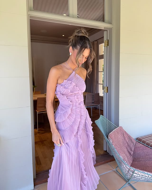 Women's Ruffle Pleated Maxi Dress with Tiered Skirt and Thin Straps