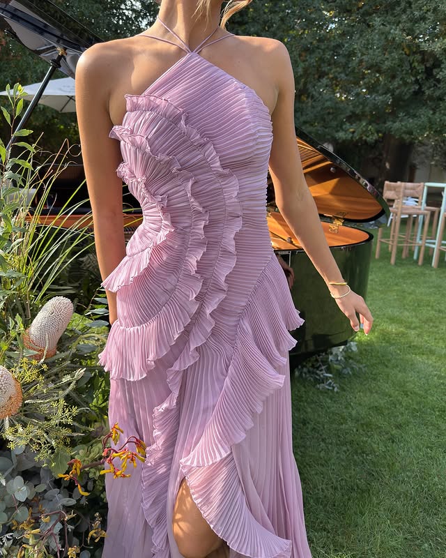 Women's Ruffle Pleated Maxi Dress with Tiered Skirt and Thin Straps