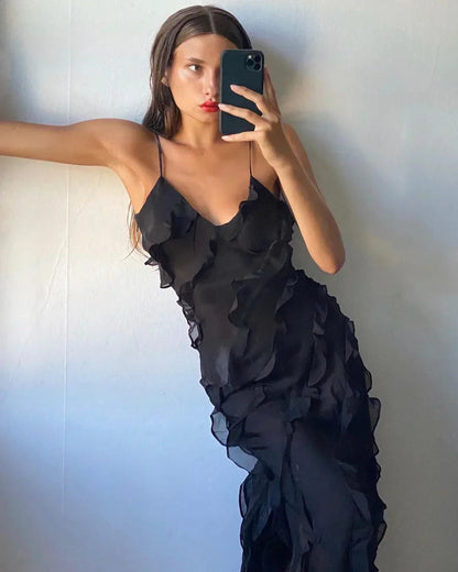 Women's Ruffled Midi Dress with Fitted Bodice and Flowing Skirt